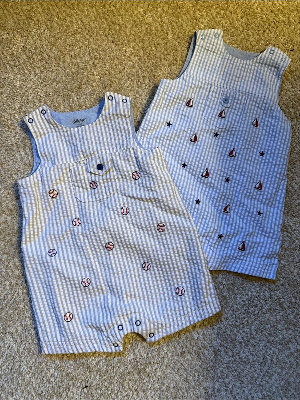 Little Me Blue and White Striped Seersucker Romper
